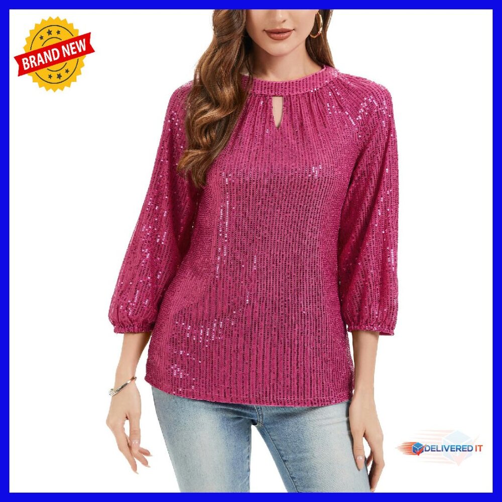 Sparkly Sequin Top 3/4 Sleeve Keyhole Blouse Party Wear